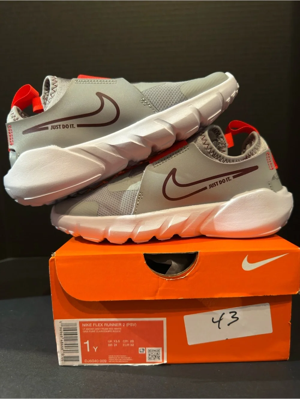 Nike Kids' Flex Runner 2 size 2Y Grey and Red Slip-On Sneakers -